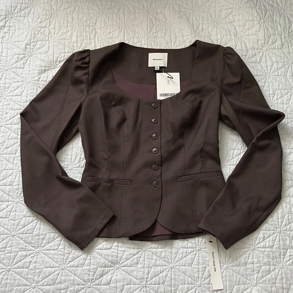 Reformation Brown Fitted Button-Up Scoop Neck Blouse - Picture 5 of 11